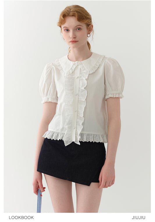 Doll-Collar Frilled Cotton Lace Blouse