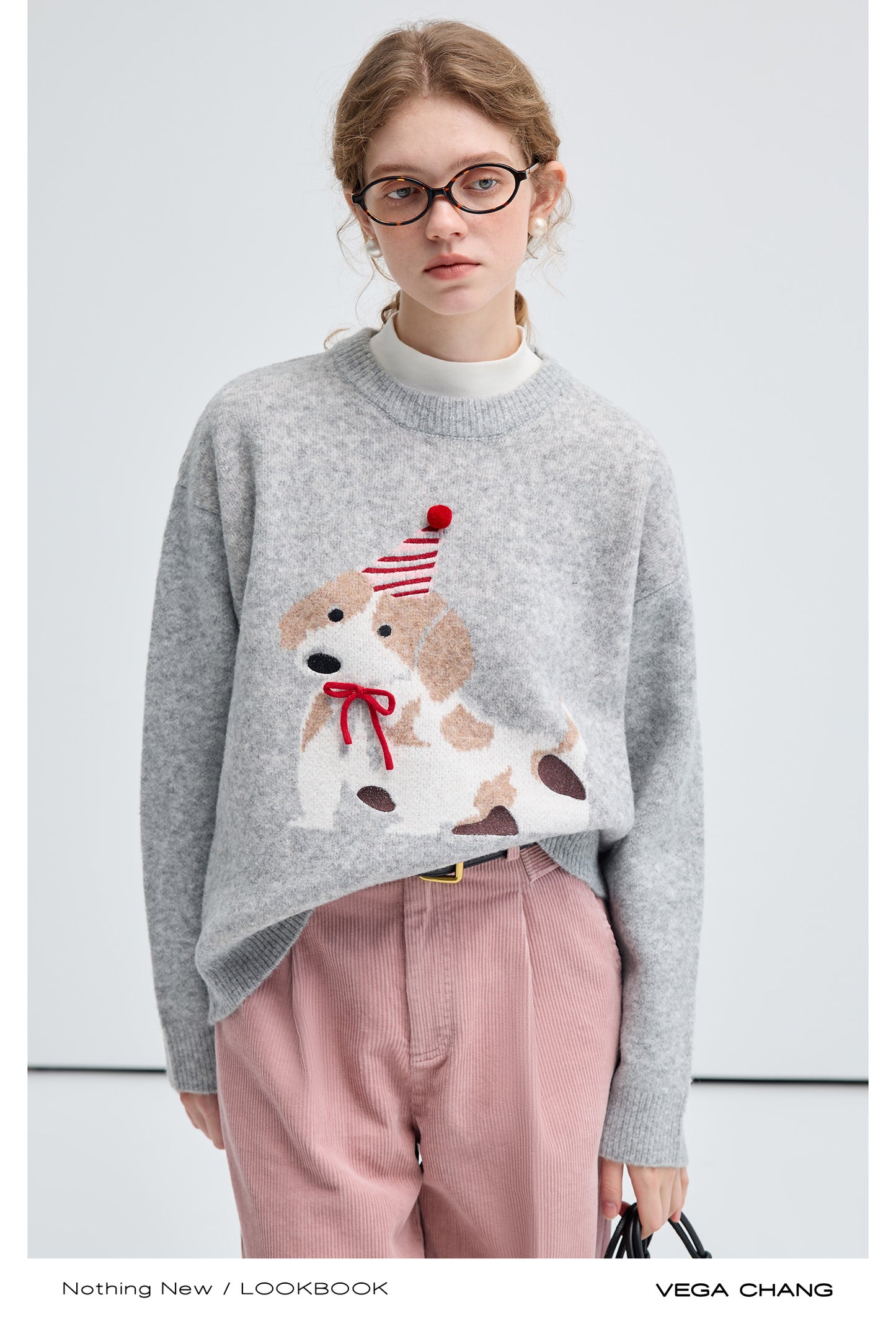 Dog Motif Wool Blend Dropped Shoulder Sweater