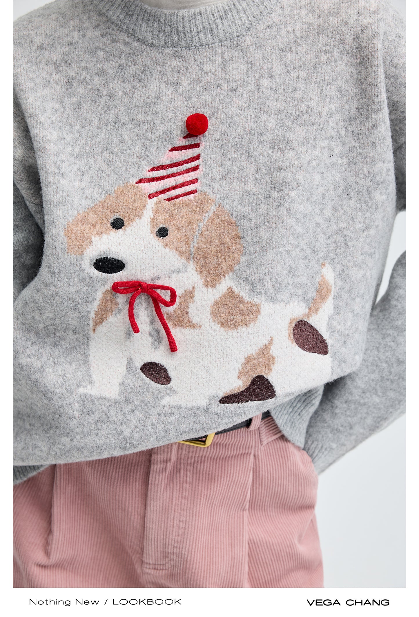 Dog Motif Wool Blend Dropped Shoulder Sweater