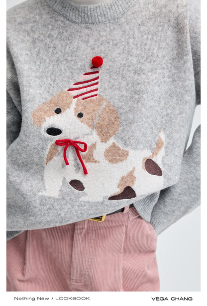 Dog Motif Wool Blend Dropped Shoulder Sweater