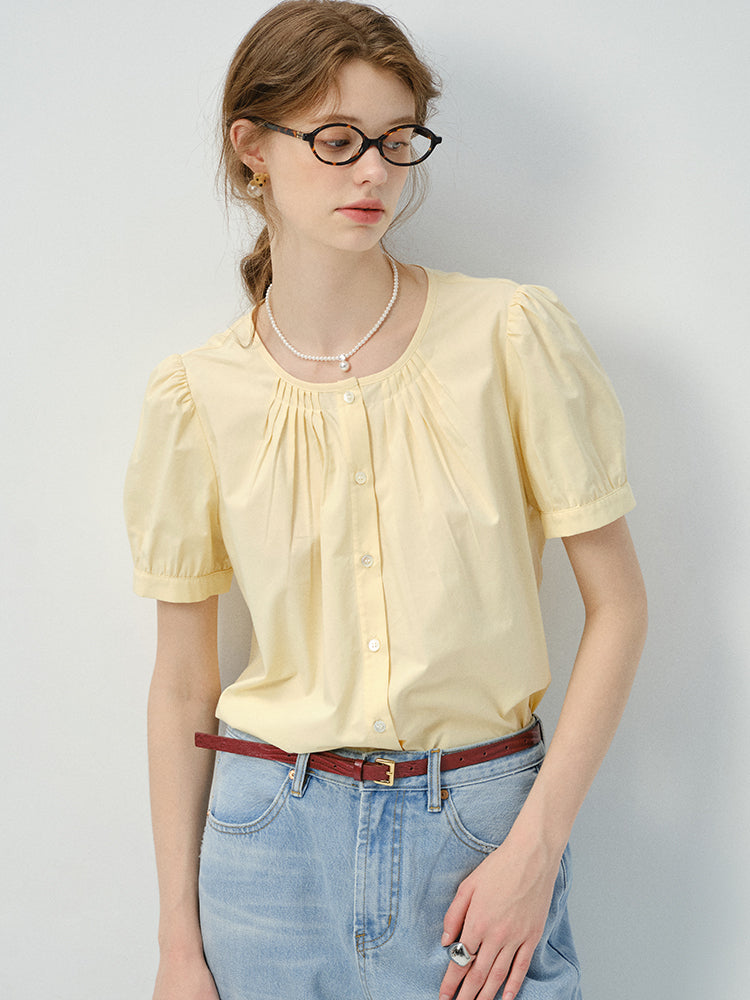Collarless Short-Sleeve Blouse With Pleats Detail