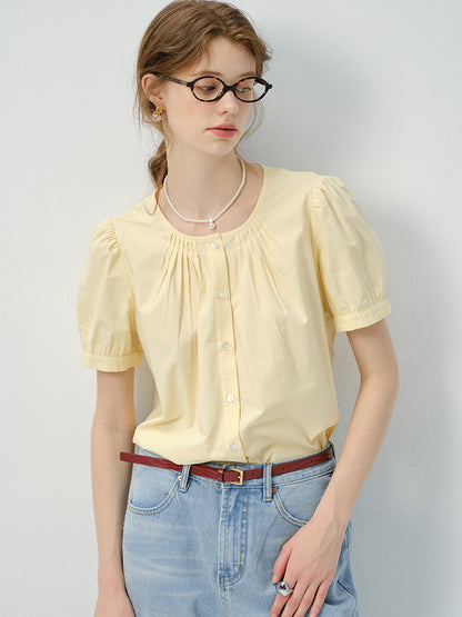 Collarless Short-Sleeve Blouse With Pleats Detail