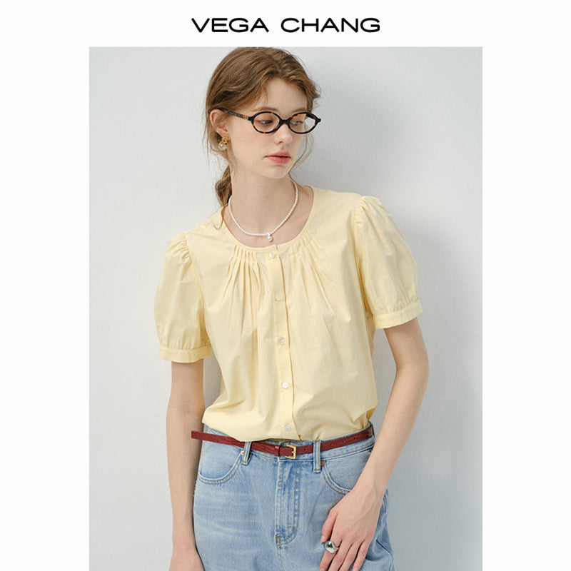 Collarless Short-Sleeve Blouse With Pleats Detail