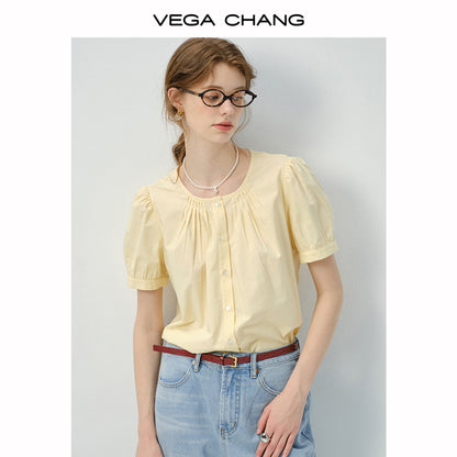 Collarless Short-Sleeve Blouse With Pleats Detail
