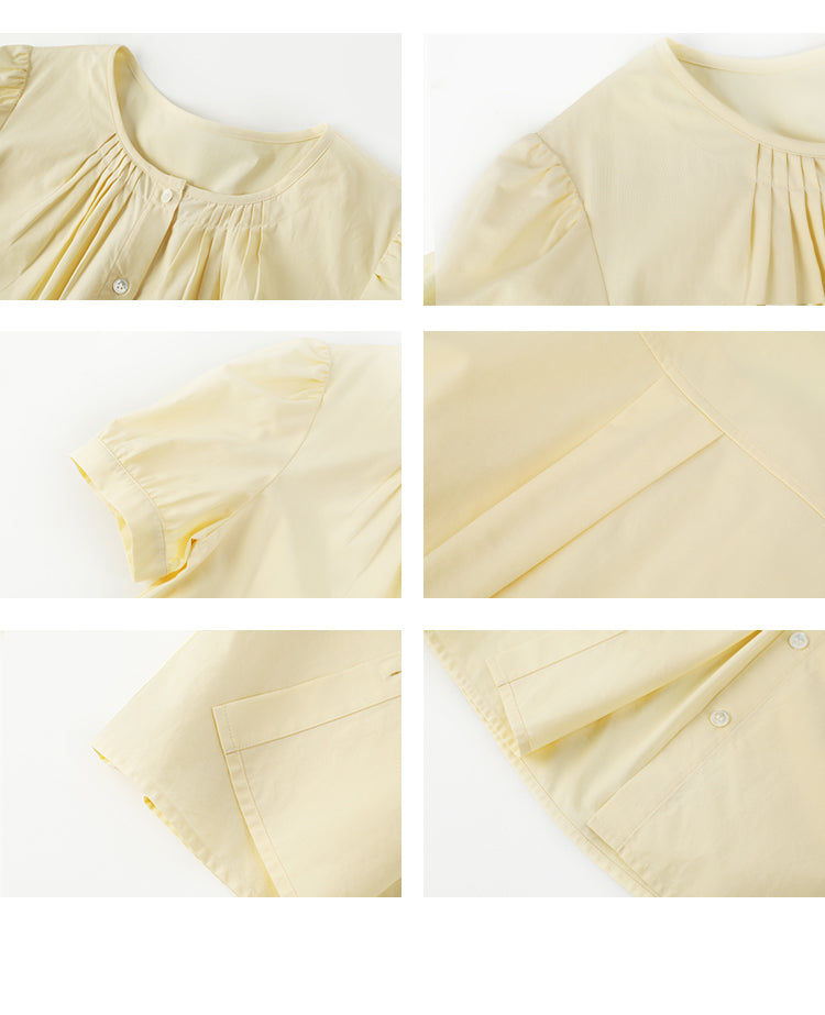 Collarless Short-Sleeve Blouse With Pleats Detail