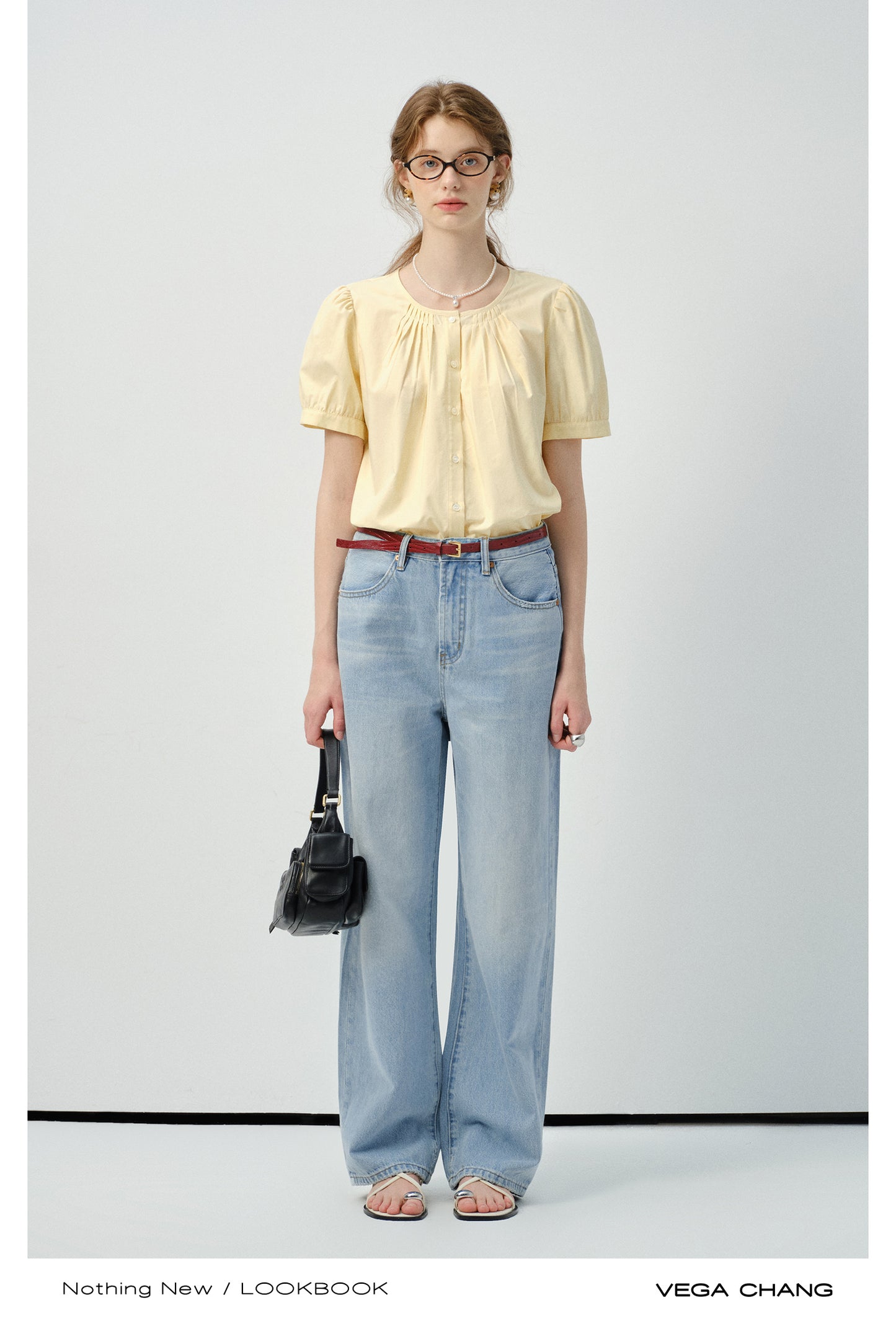 Collarless Short-Sleeve Blouse With Pleats Detail