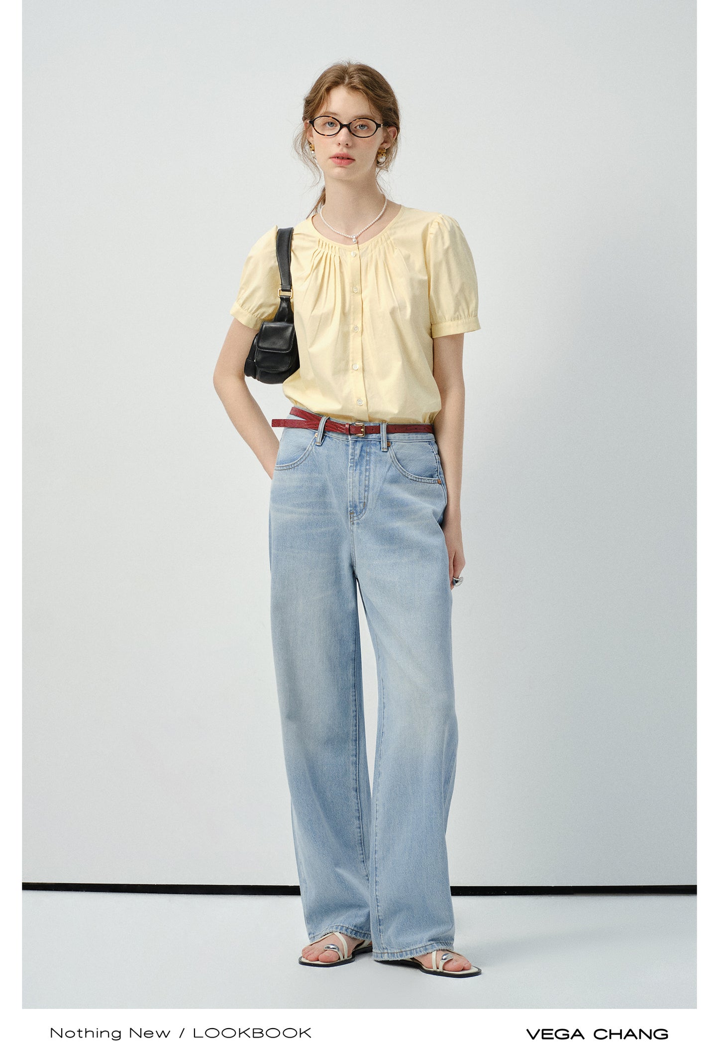 Collarless Short-Sleeve Blouse With Pleats Detail