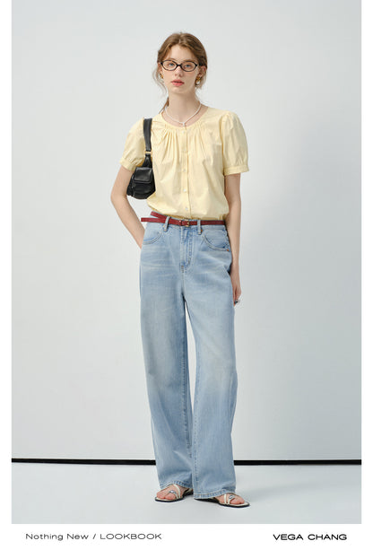 Collarless Short-Sleeve Blouse With Pleats Detail