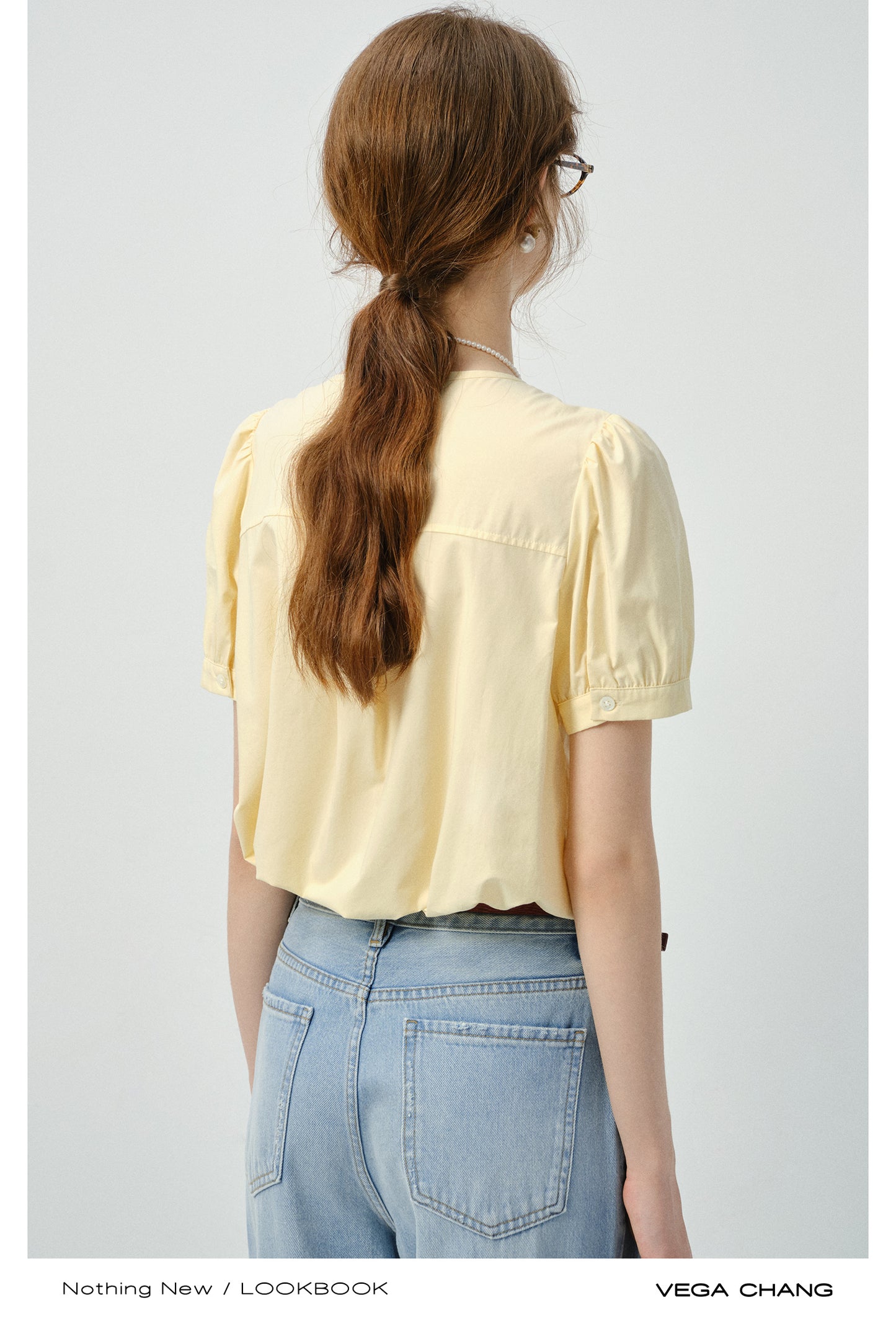Collarless Short-Sleeve Blouse With Pleats Detail