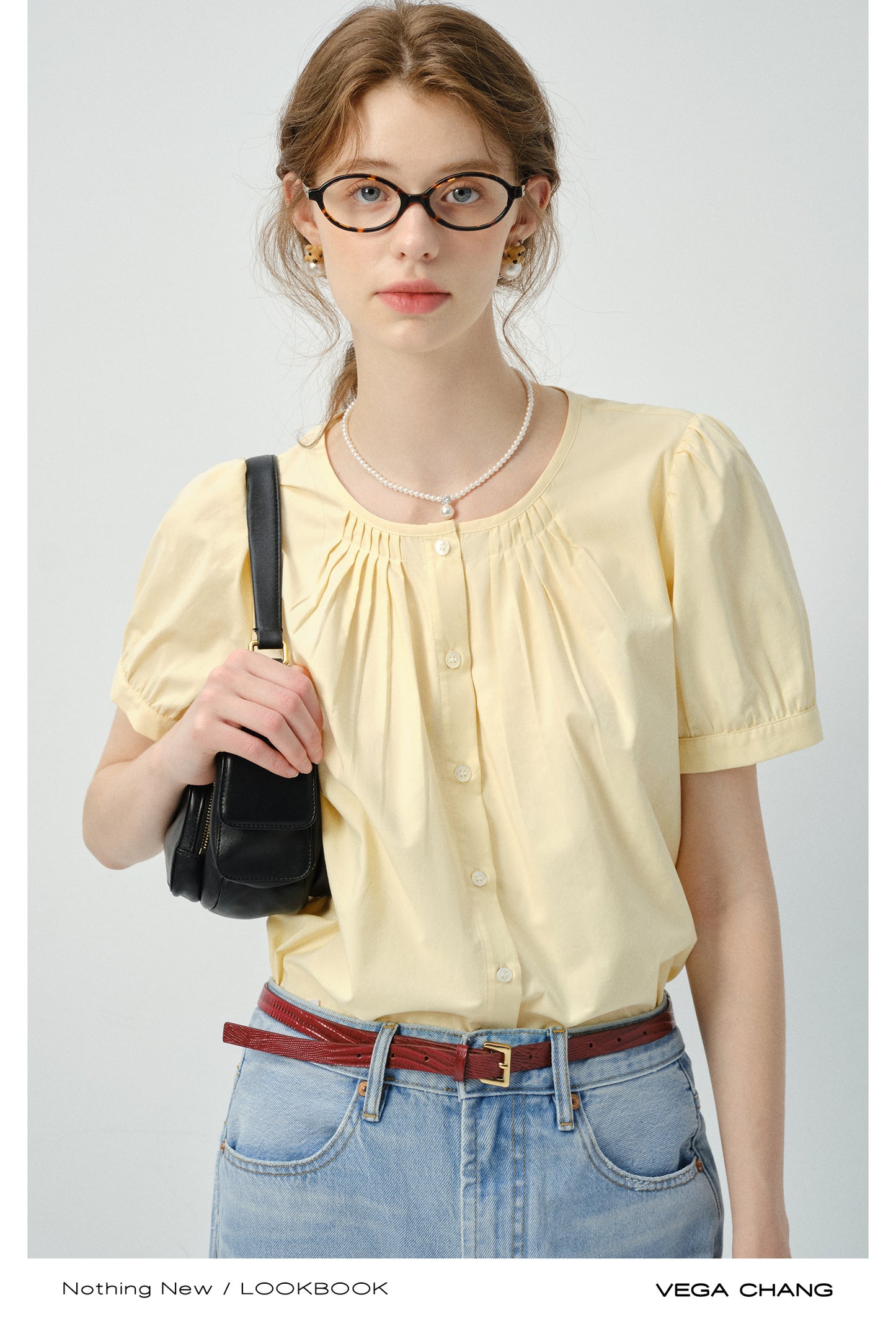 Collarless Short-Sleeve Blouse With Pleats Detail