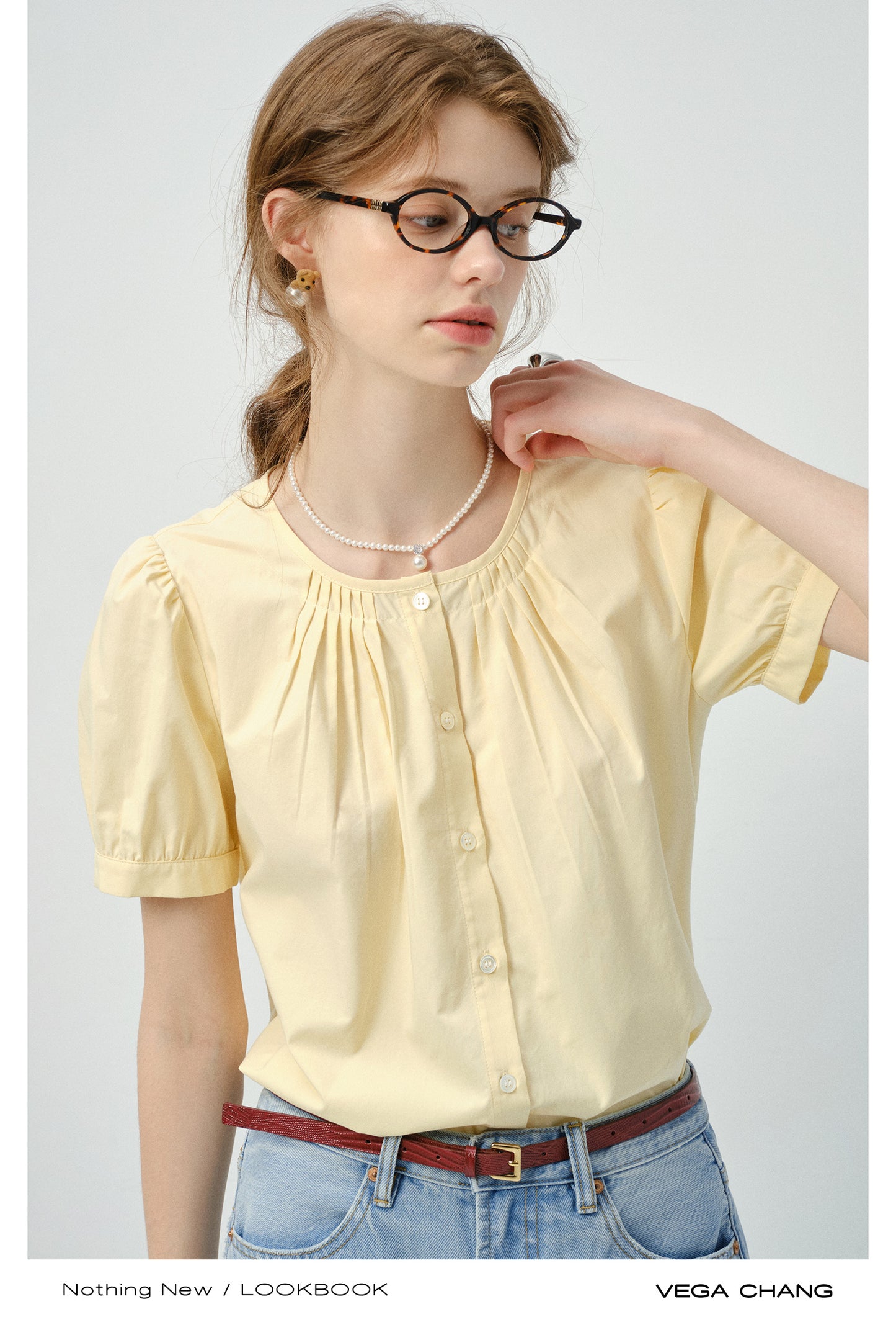 Collarless Short-Sleeve Blouse With Pleats Detail