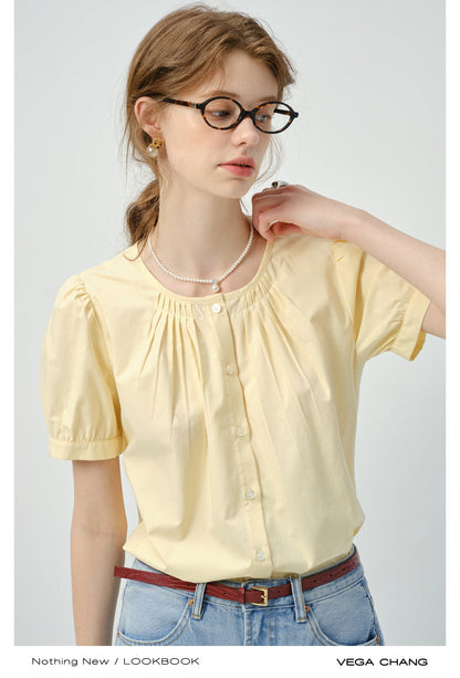 Collarless Short-Sleeve Blouse With Pleats Detail