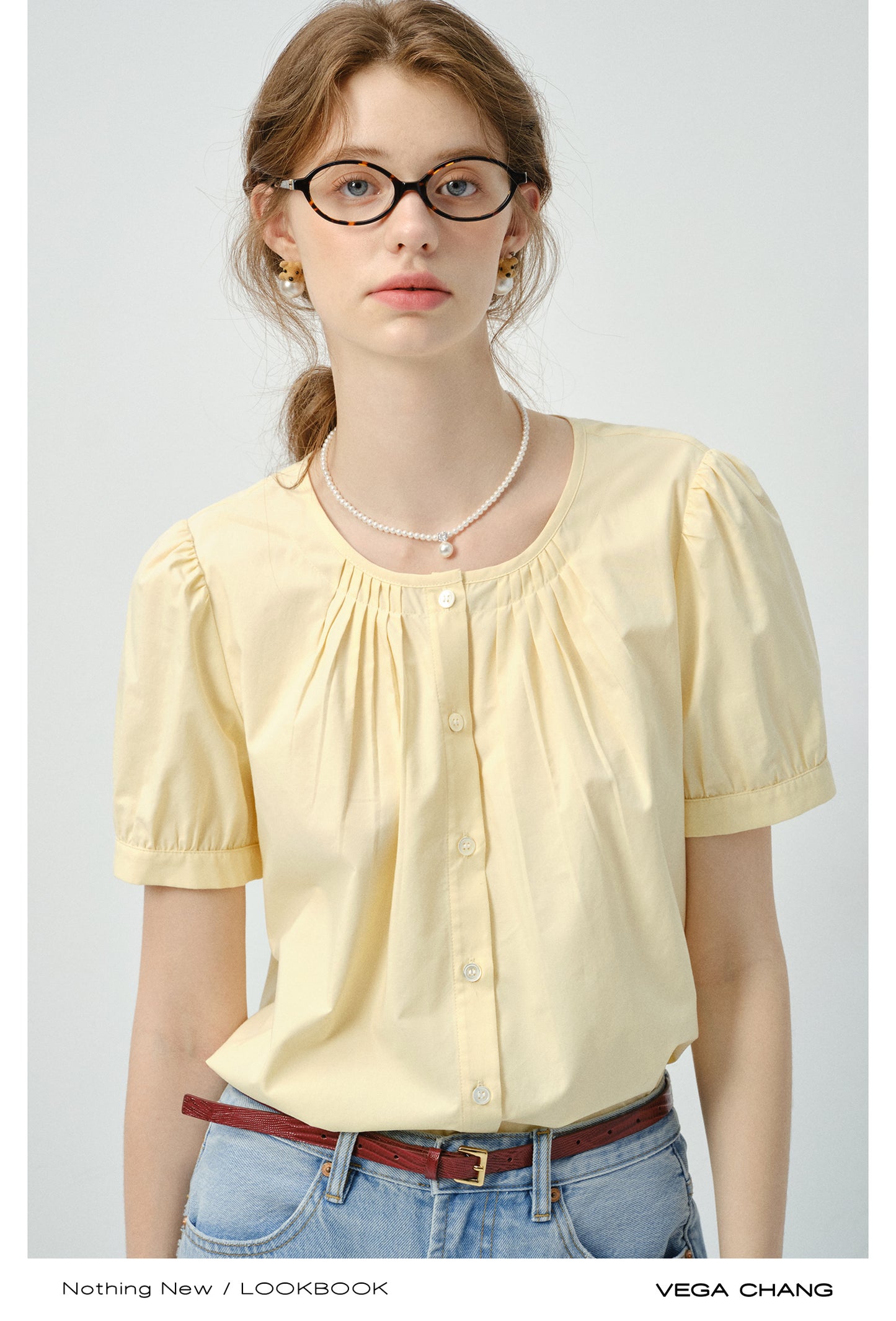 Collarless Short-Sleeve Blouse With Pleats Detail