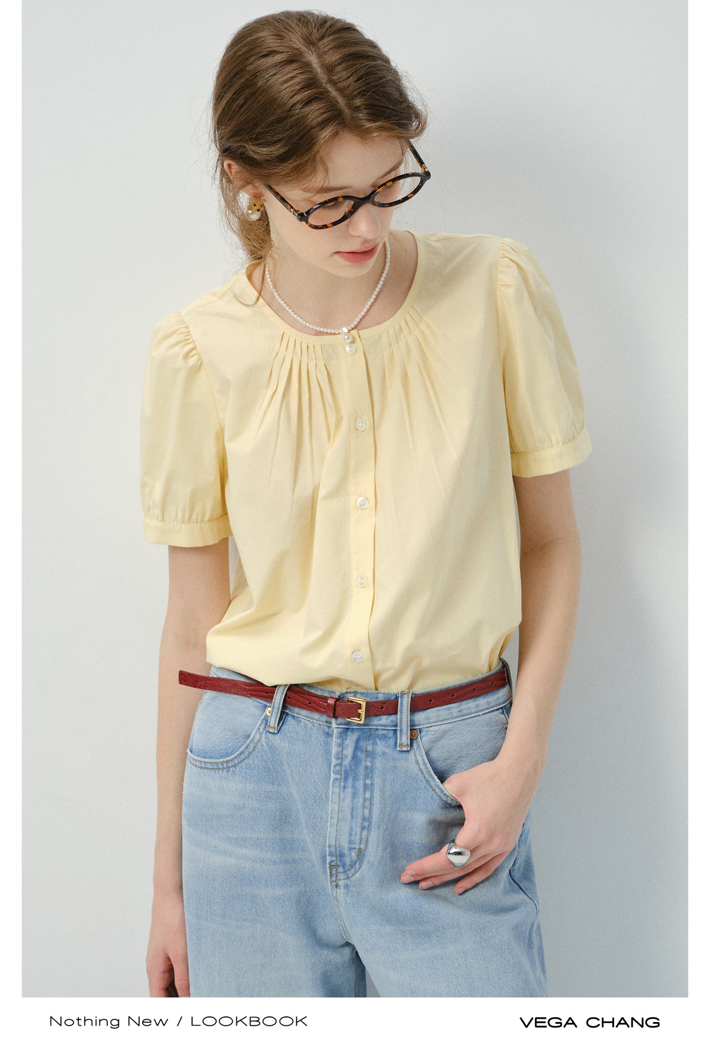 Collarless Short-Sleeve Blouse With Pleats Detail