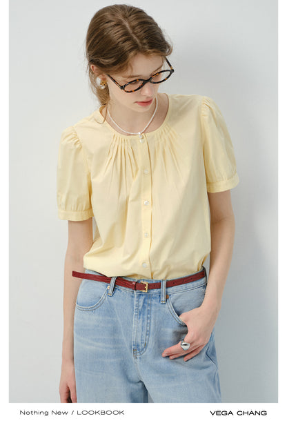 Collarless Short-Sleeve Blouse With Pleats Detail