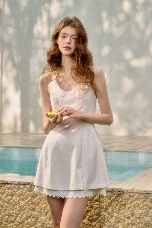 Embroidered Collar Halter Neck Mini Dress