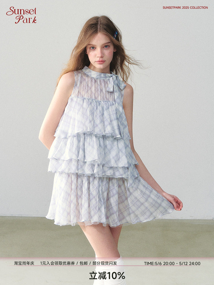 Sleeveless Plaid Chiffon Dress With Tiered Layers