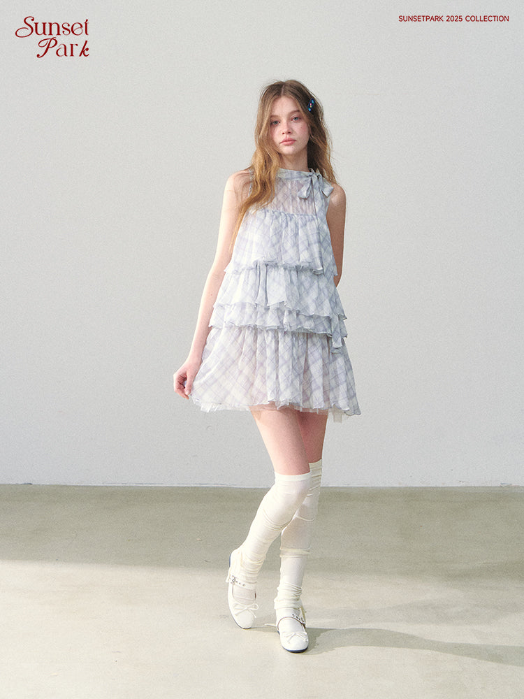 Sleeveless Plaid Chiffon Dress With Tiered Layers