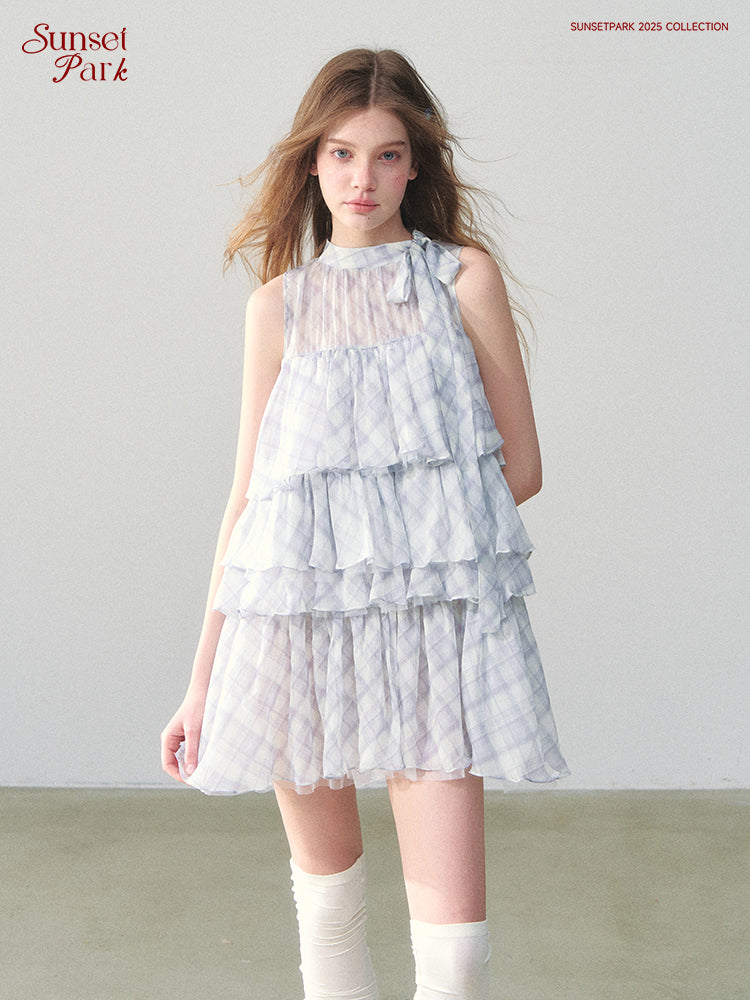 Sleeveless Plaid Chiffon Dress With Tiered Layers