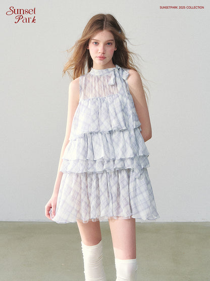 Sleeveless Plaid Chiffon Dress With Tiered Layers