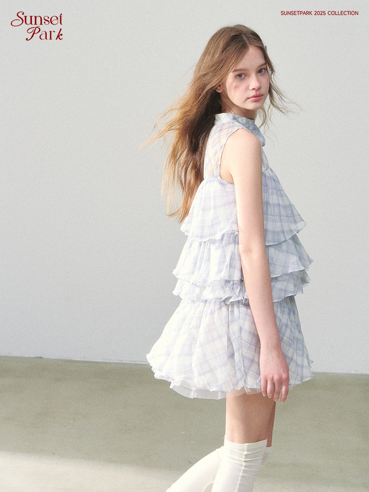 Sleeveless Plaid Chiffon Dress With Tiered Layers