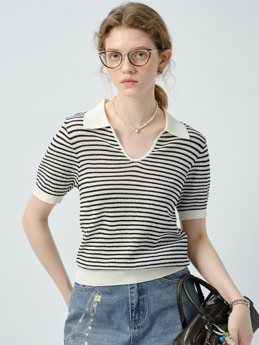 Collared Striped V-Neck Knit Top