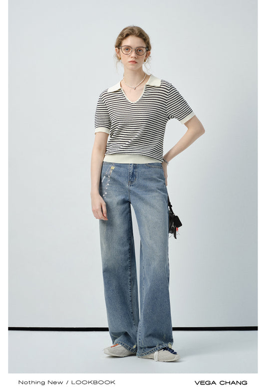 Collared Striped V-Neck Knit Top