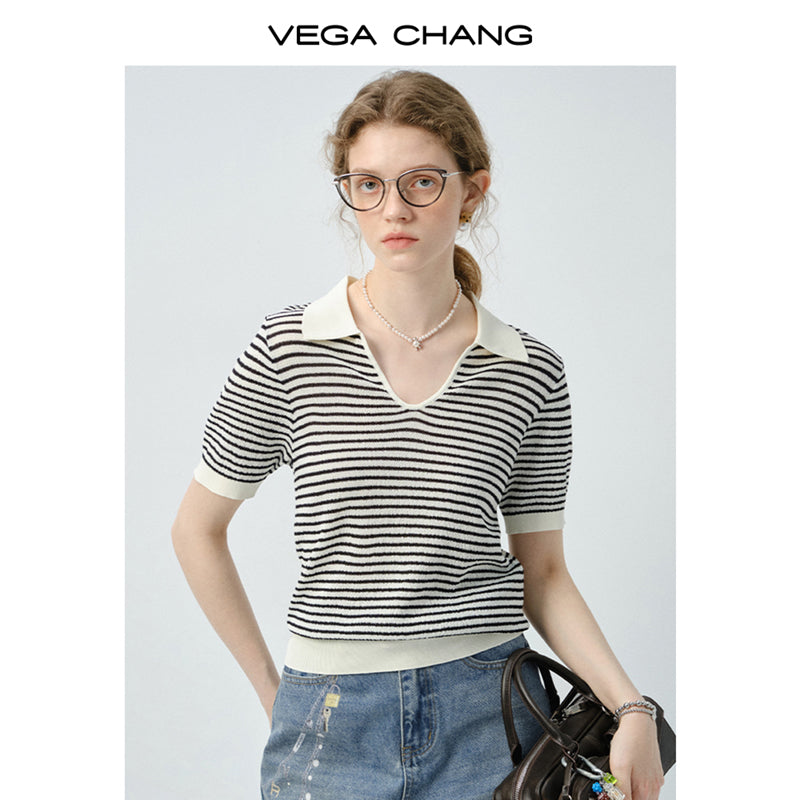 Collared Striped V-Neck Knit Top