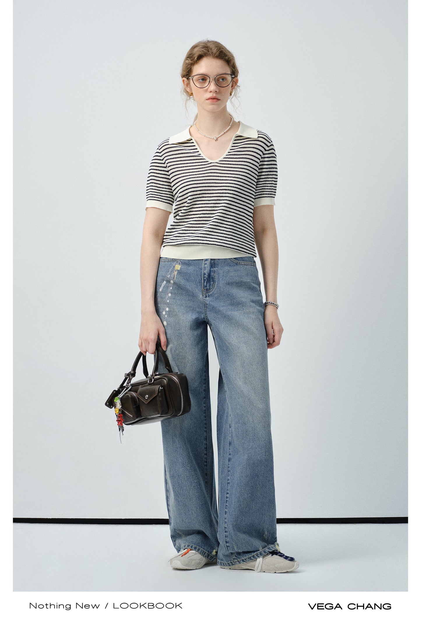 Collared Striped V-Neck Knit Top
