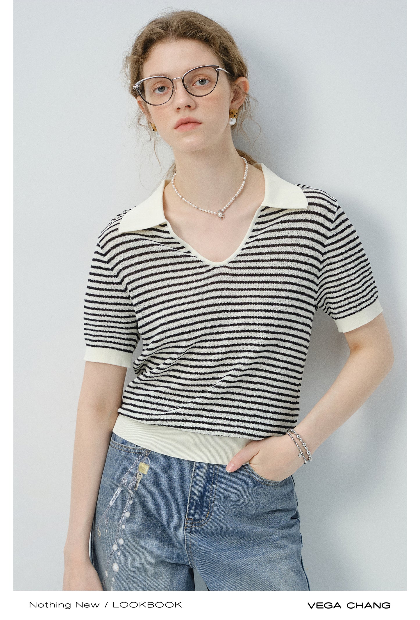 Collared Striped V-Neck Knit Top