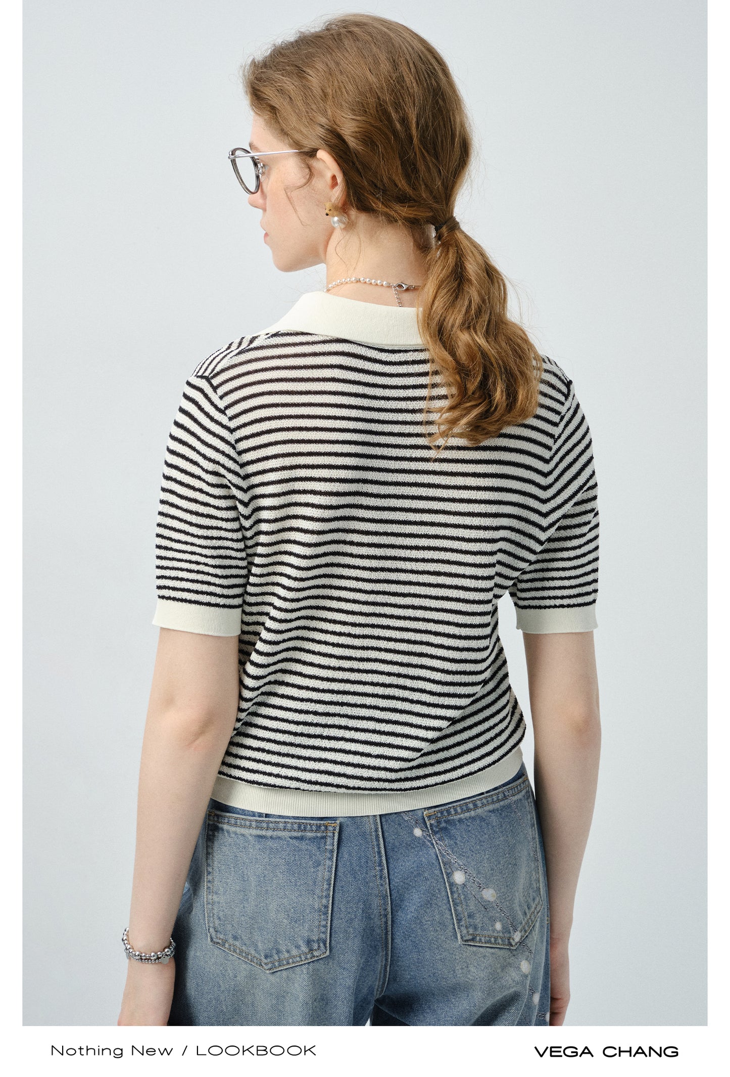 Collared Striped V-Neck Knit Top