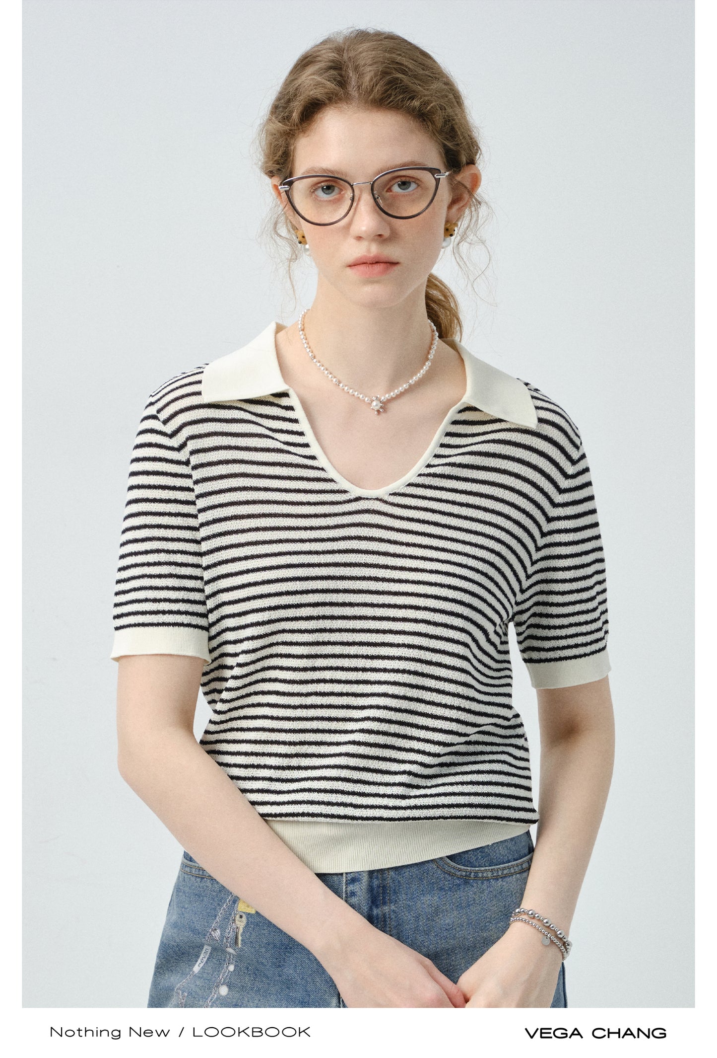 Collared Striped V-Neck Knit Top