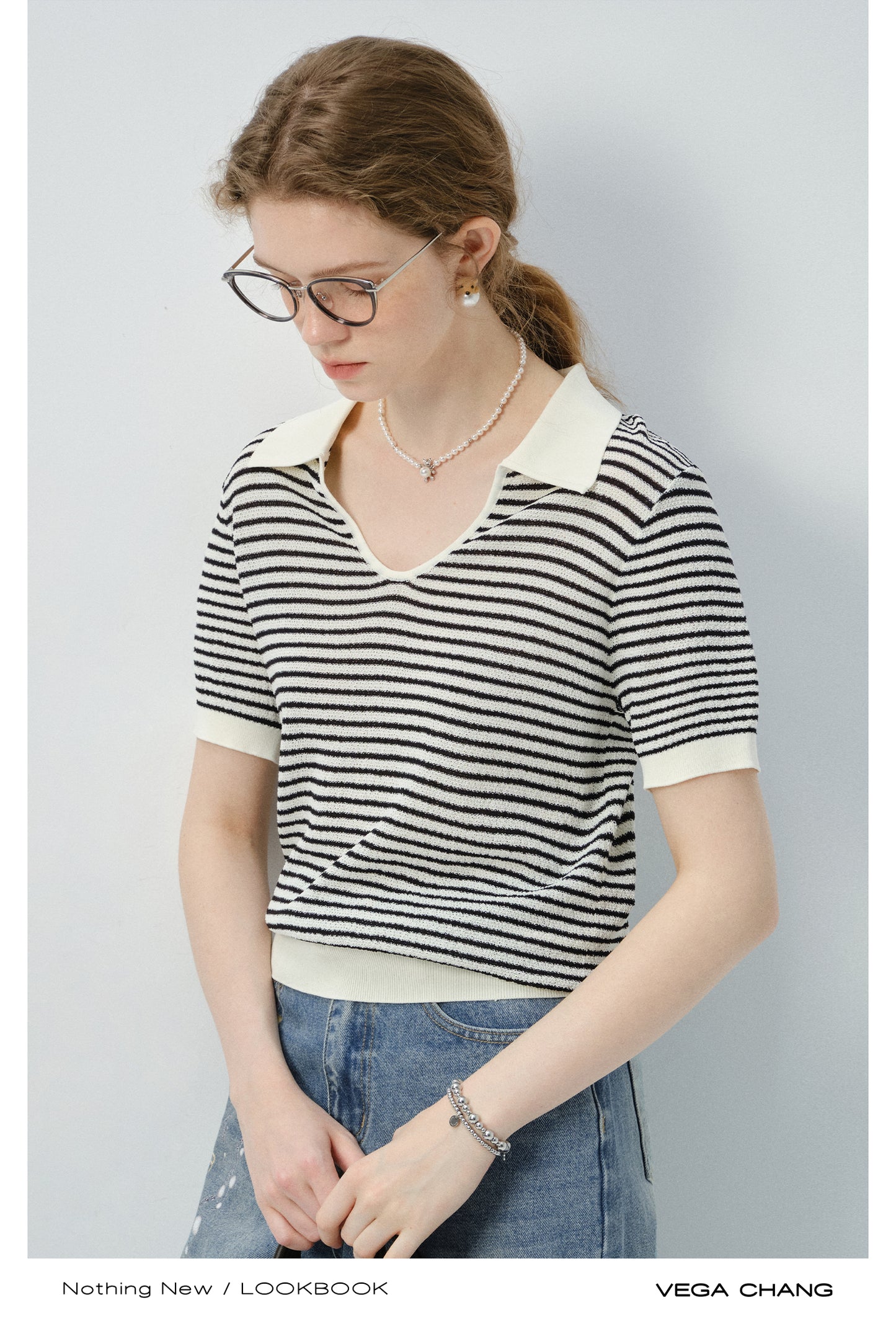 Collared Striped V-Neck Knit Top