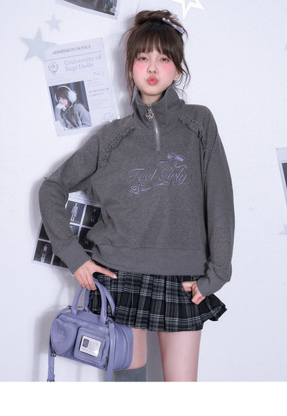 Half-Zip Waffle Knit High Neck Embroidered Top