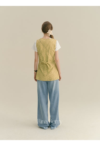 Eyelet-Embroidered Sleeveless V-Neck Top