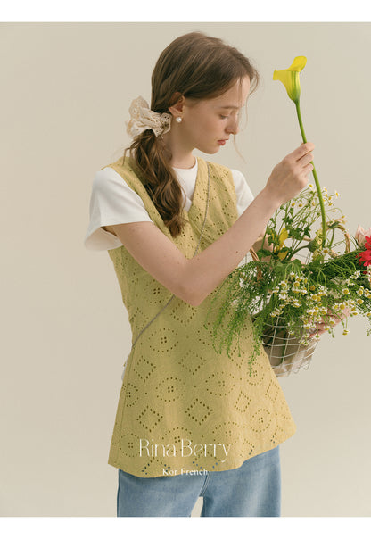 Eyelet-Embroidered Sleeveless V-Neck Top