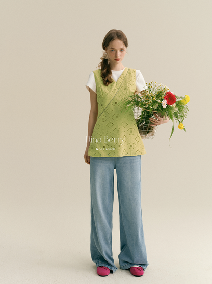 Eyelet-Embroidered Sleeveless V-Neck Top