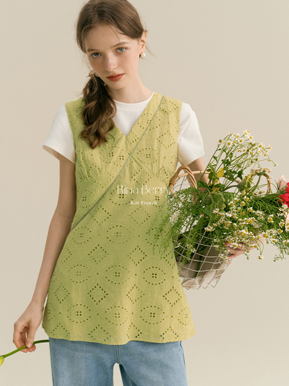 Eyelet-Embroidered Sleeveless V-Neck Top