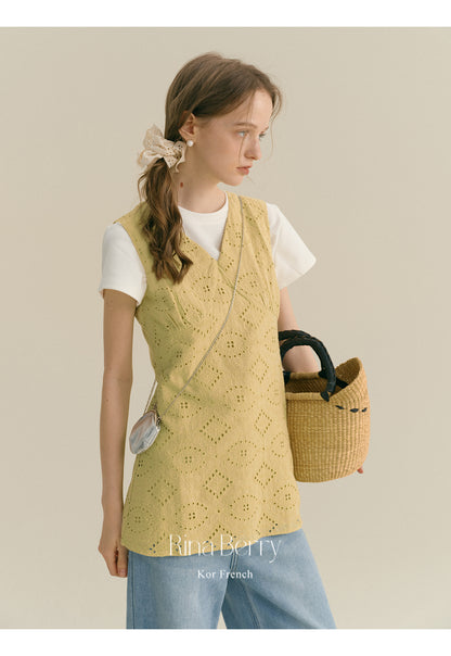 Eyelet-Embroidered Sleeveless V-Neck Top