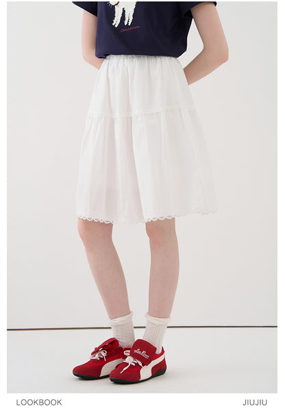 Elastic Waist Cotton Midi-Length Skirt
