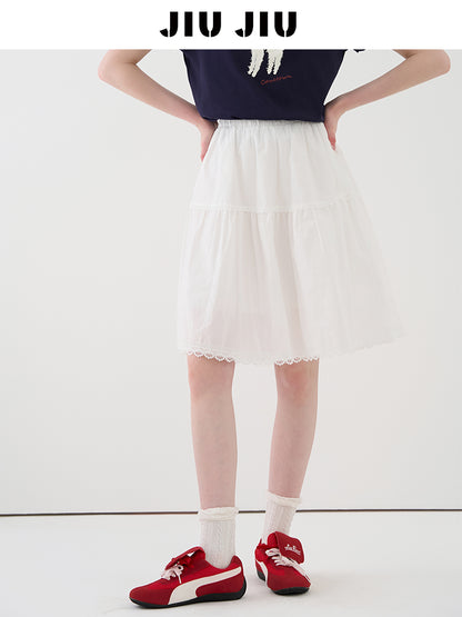 Elastic Waist Cotton Midi-Length Skirt