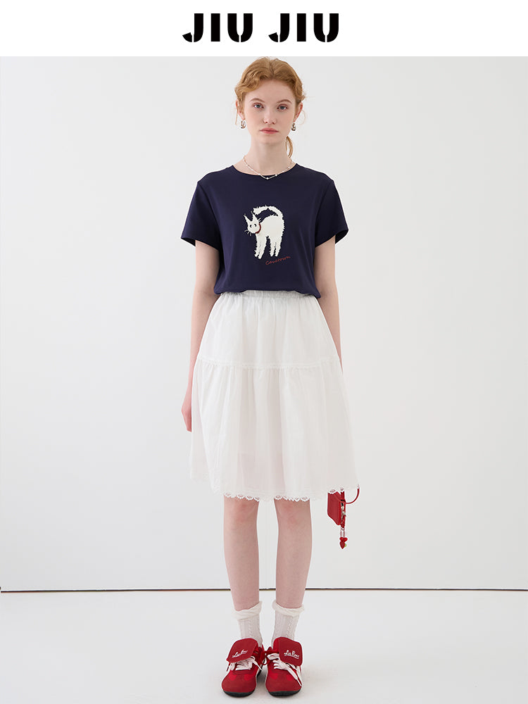 Elastic Waist Cotton Midi-Length Skirt