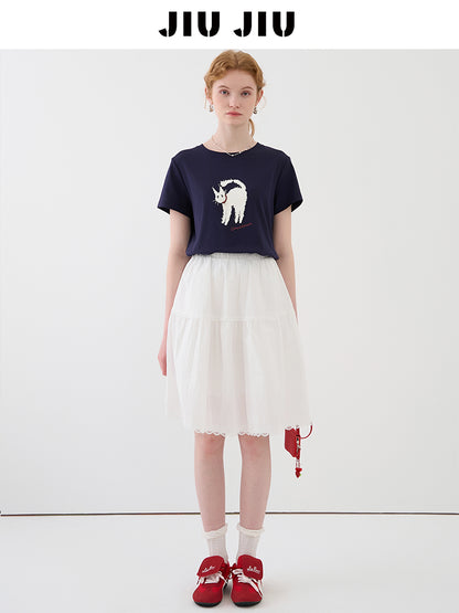 Elastic Waist Cotton Midi-Length Skirt