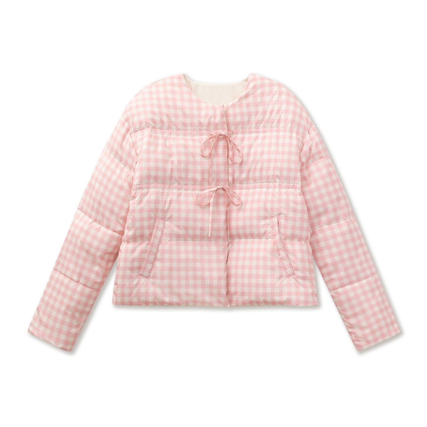 Reversible Gingham Check Tie-Front Puffer Jacket