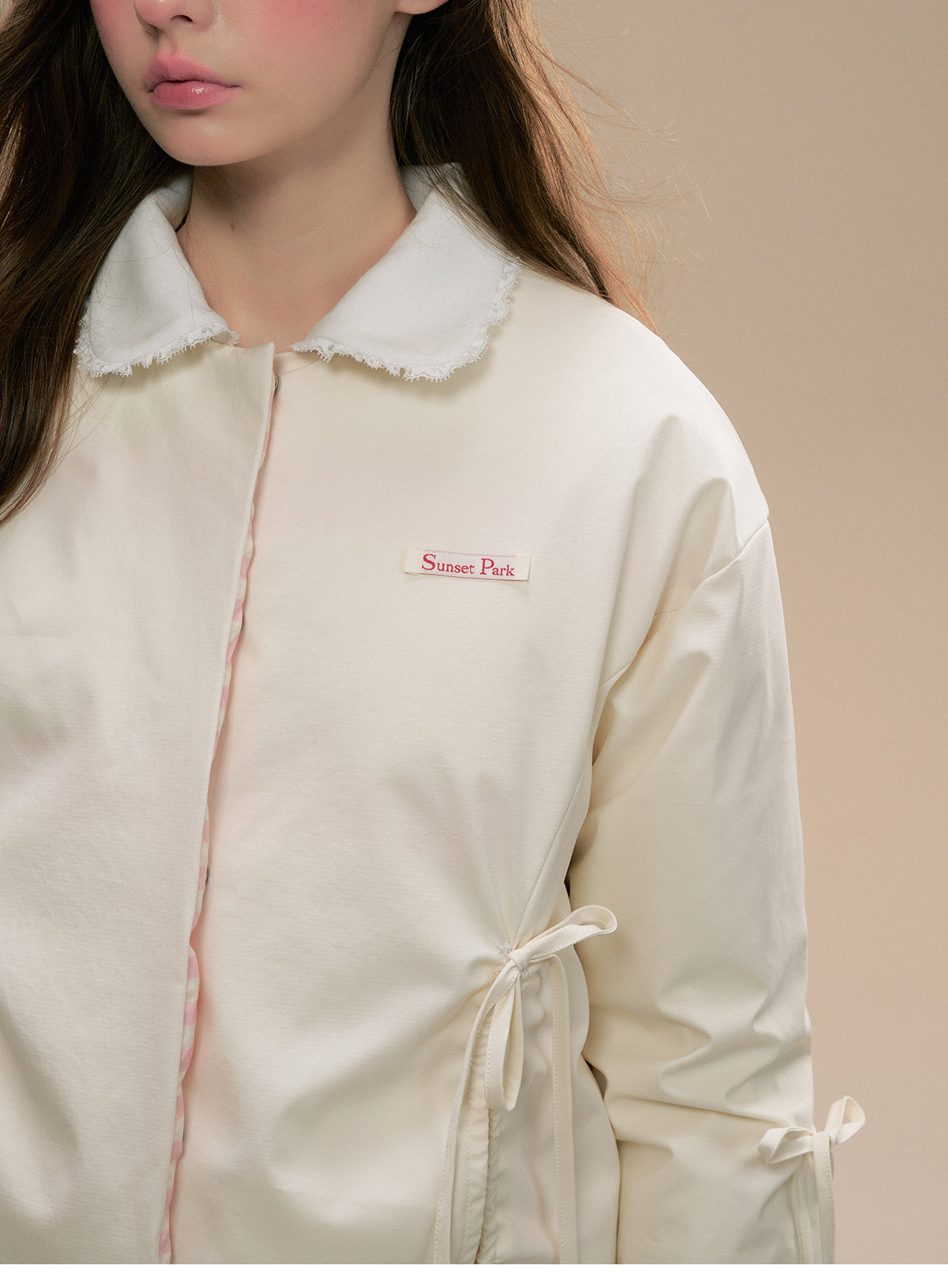 Reversible Gingham Check Tie-Front Puffer Jacket