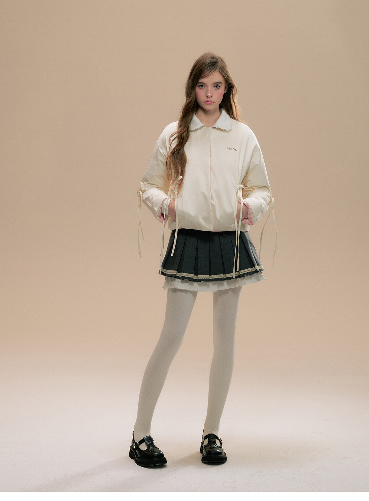 Reversible Gingham Check Tie-Front Puffer Jacket