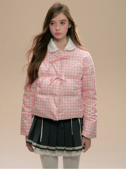 Reversible Gingham Check Tie-Front Puffer Jacket