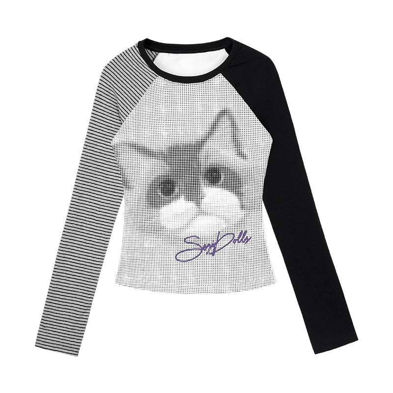 Black & White Cat Print Raglan T-Shirt