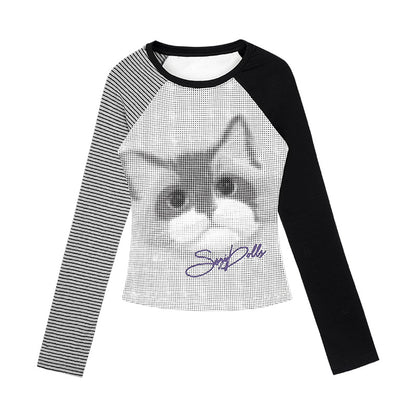 Black & White Cat Print Raglan T-Shirt