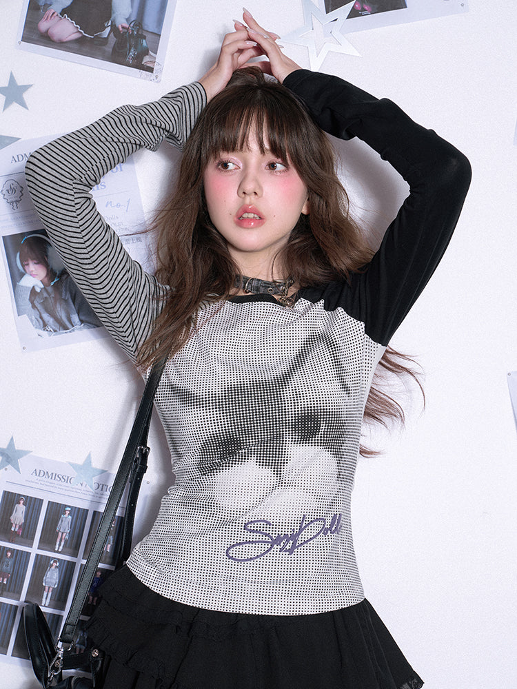 Black & White Cat Print Raglan T-Shirt
